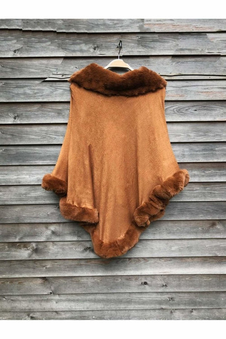 Toffee Brown Faux Fur Trim Poncho - Franklins