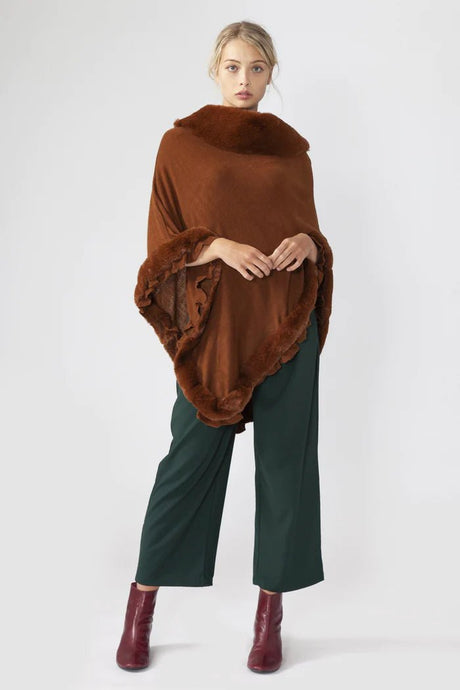 Toffee Brown Faux Fur Trim Poncho - Franklins