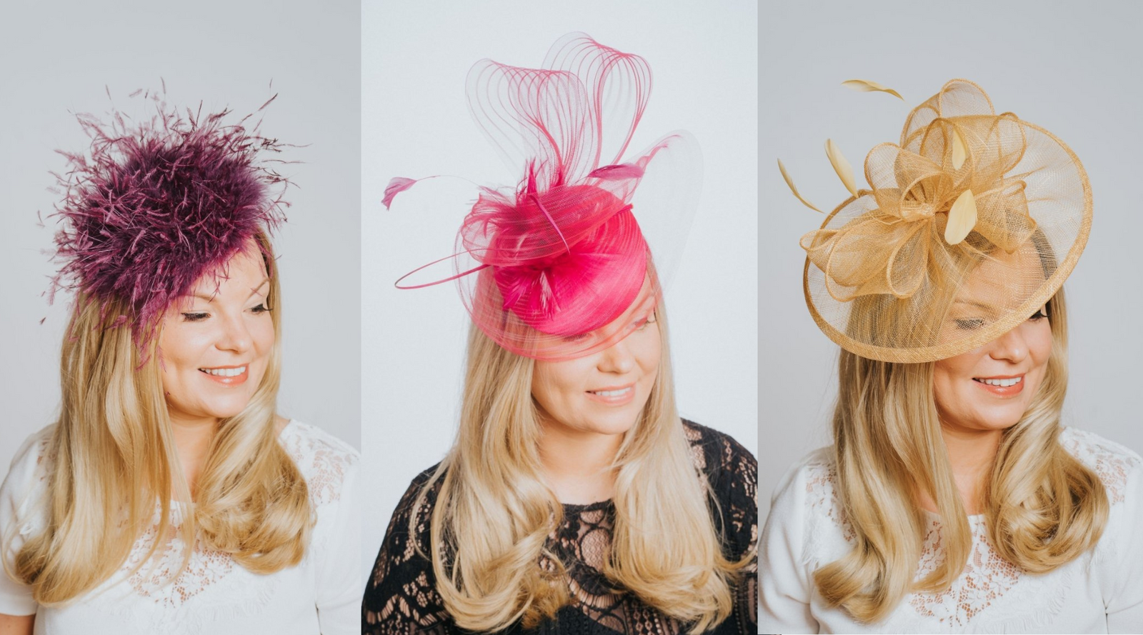 Purple, Pink & Gold Fascinators modelled on same woman.