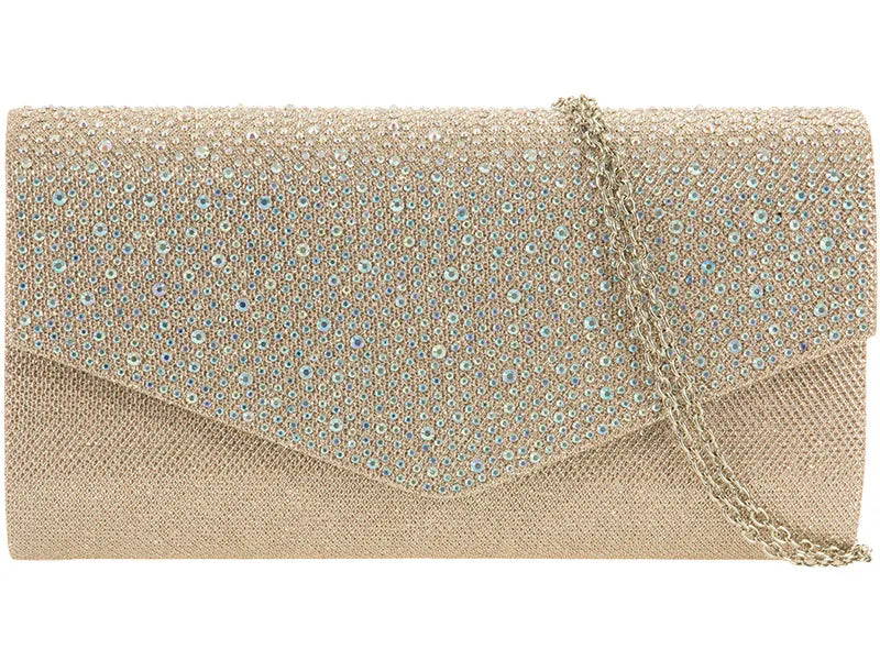Champagne Glitter & Diamante Clutch Bag