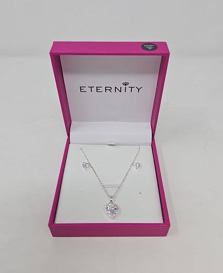 Eternity Cubic Zirconia Silver Heart Necklace & Earrings Set