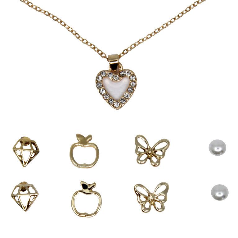 Gold Heart Necklace & Stud Earring Jewellery Set