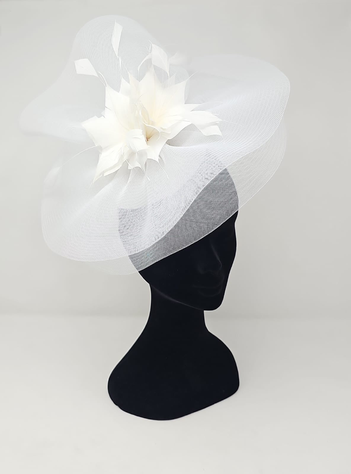 White Feather Fascinator With Net Halo