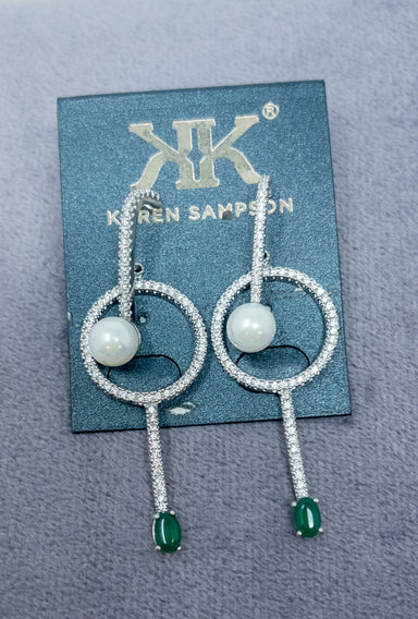Karen Sampson Rhodium Emerald & Pearl Drop Earrings