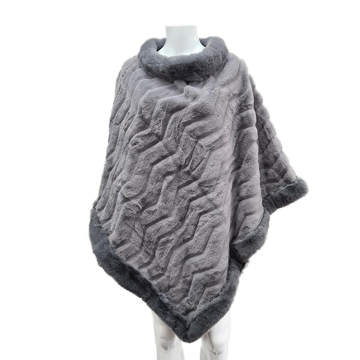 Grey Faux Fur Trim Poncho