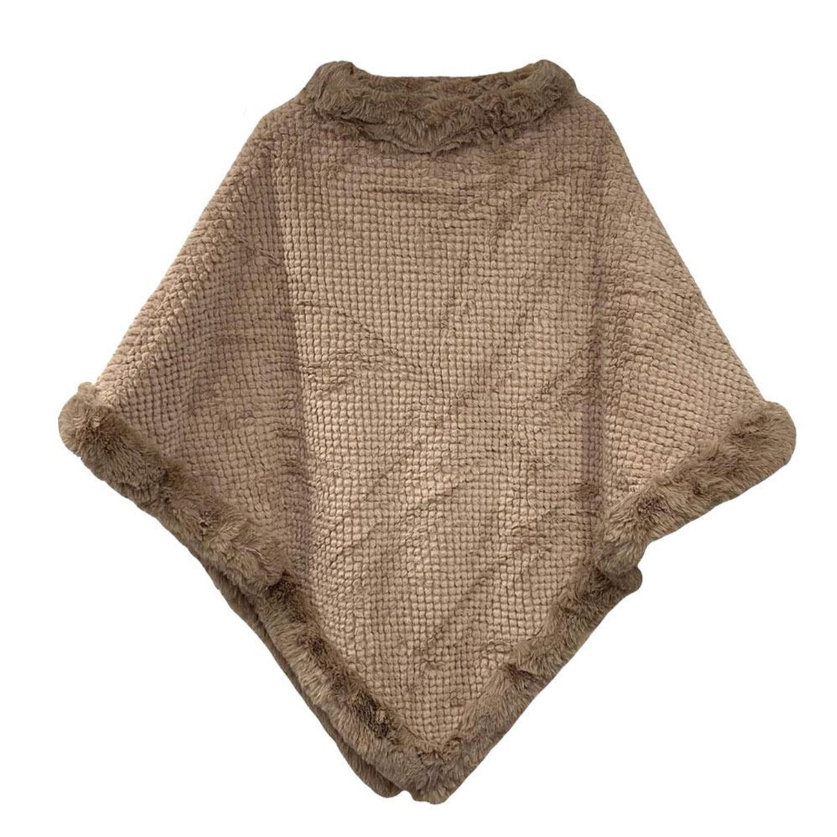 Khaki Nude Faux Fur Ruffled Poncho