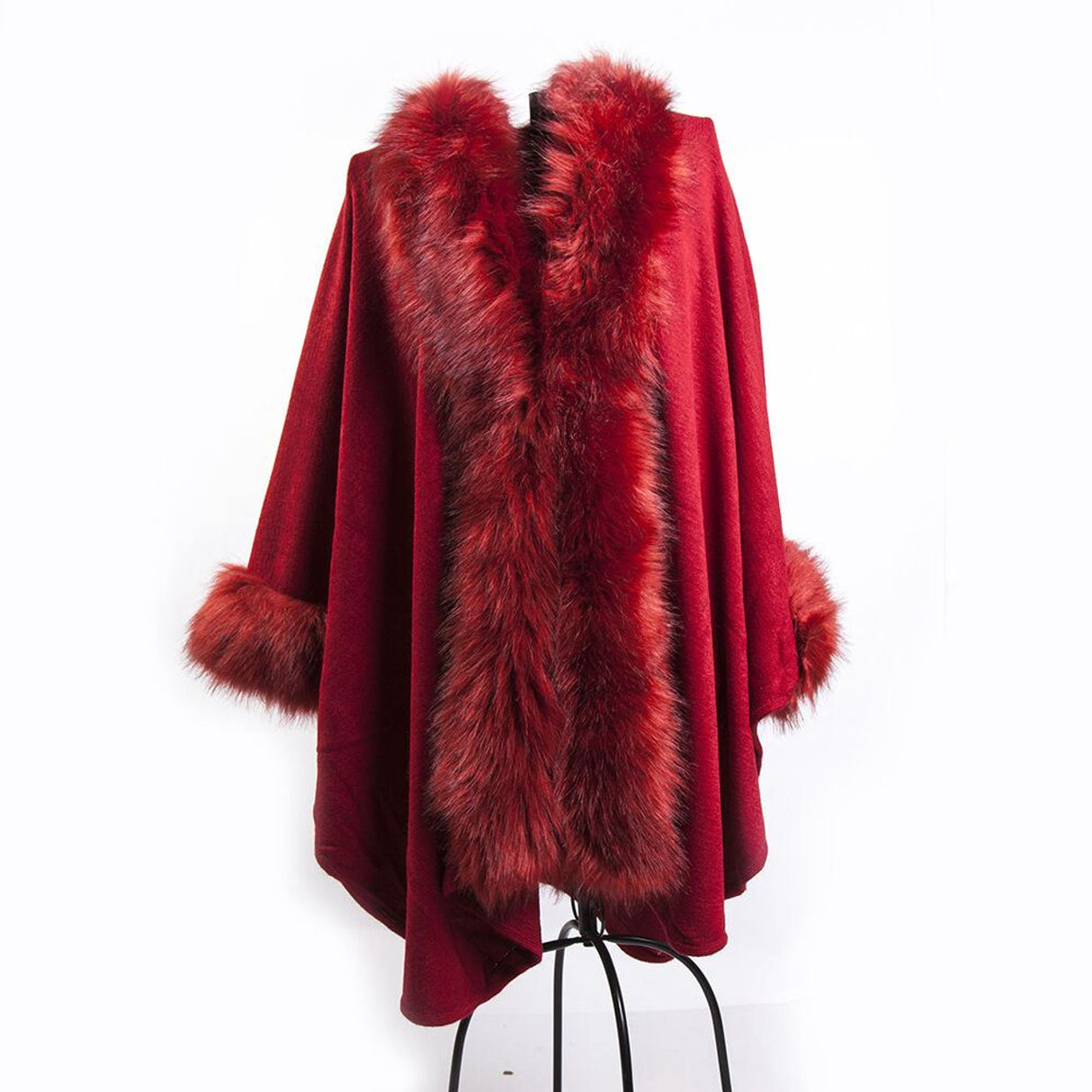 Red Layered  Poncho With Fur Cuffs