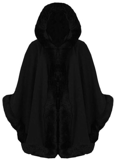 Black Layered Poncho With Fur Trimmed Hood