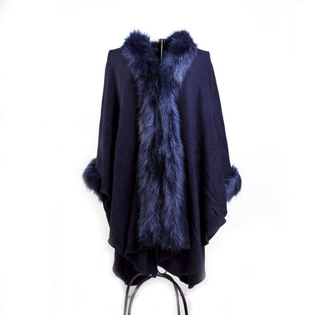 Navy Faux Fur Trim Single Layer Poncho