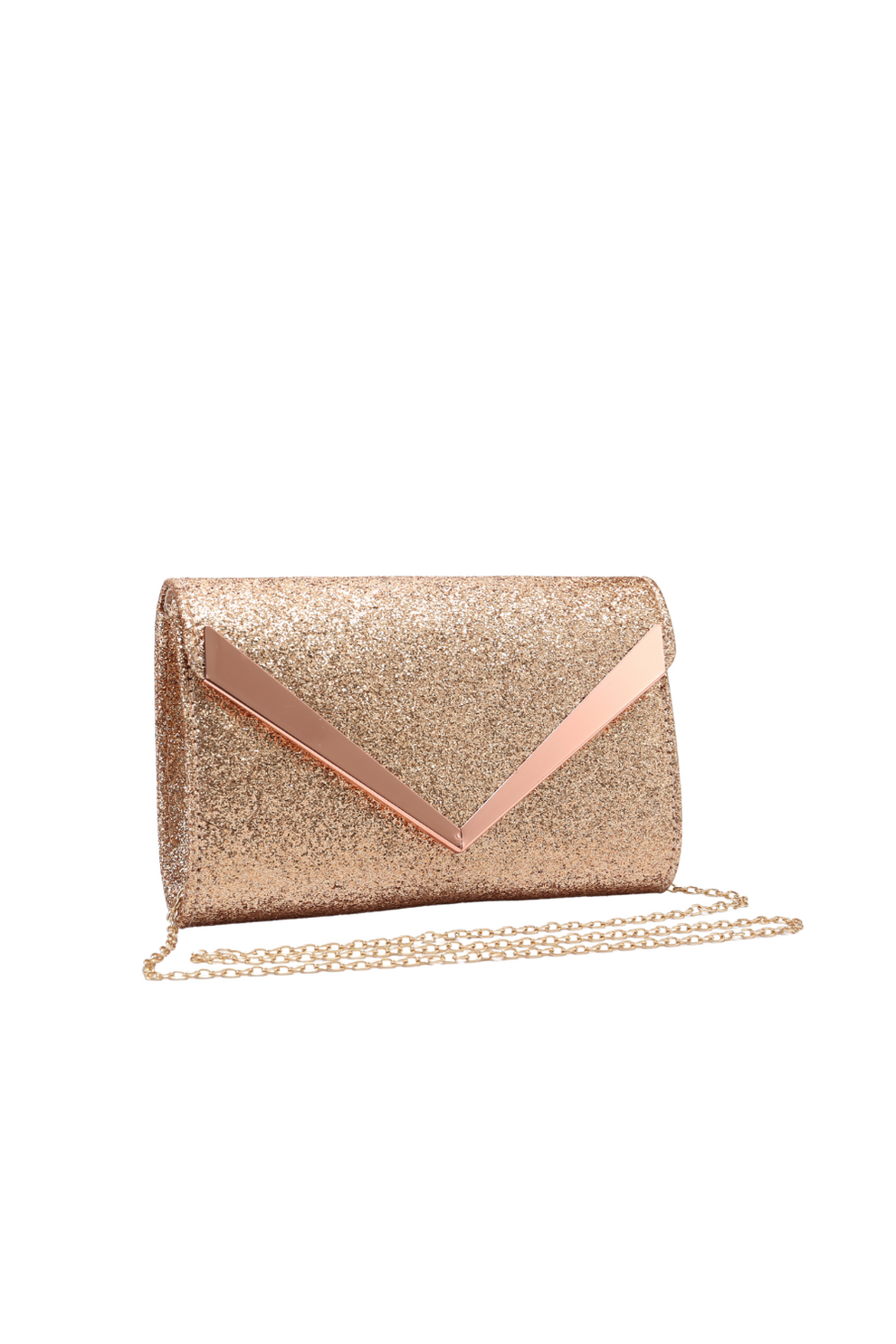 Sparkling Rose Gold Glitter V Evening Clutch Bag