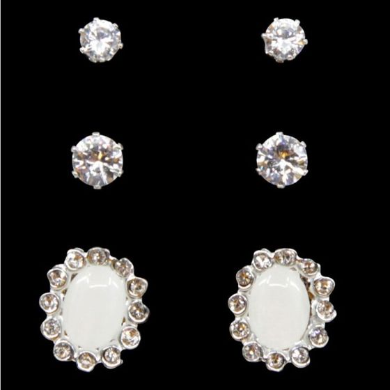 Pearl & Crystal Trio Stud Earrings Set