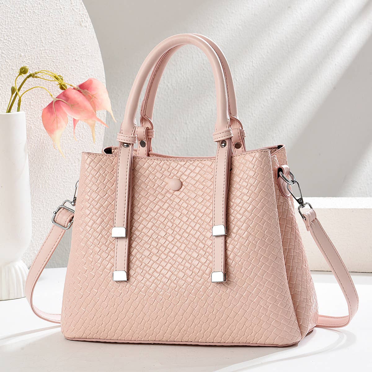 Pink Woven Medium Sized Tote Hand Bag