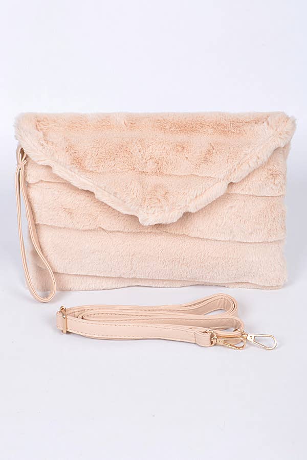 Beige Nude Envelope Faux Fur Clutch Bag