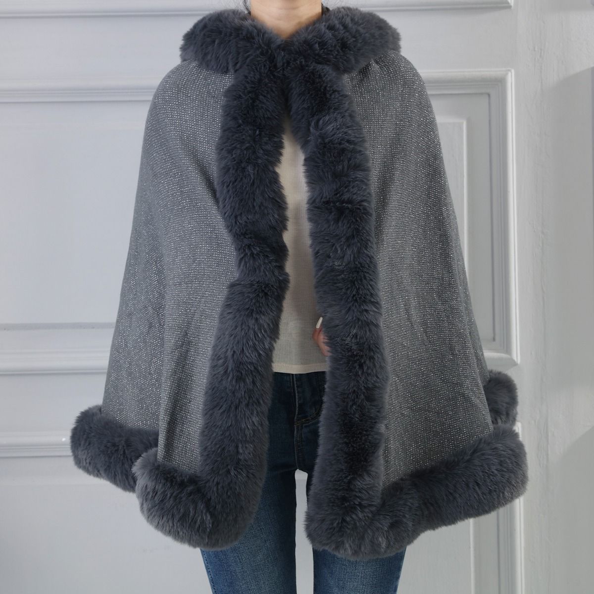 Grey Glitter Hooded Cape Wrap