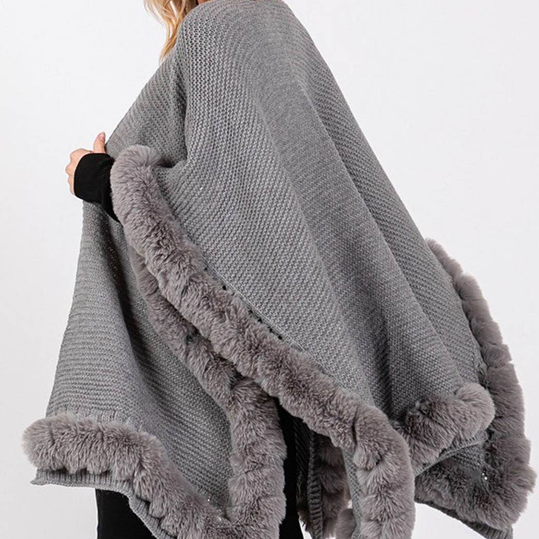 Silver Grey Faux Fur Trim Luxury Cape