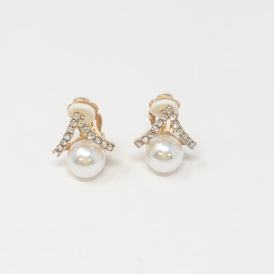 Gold Pearl Crystal Clip on Earrings