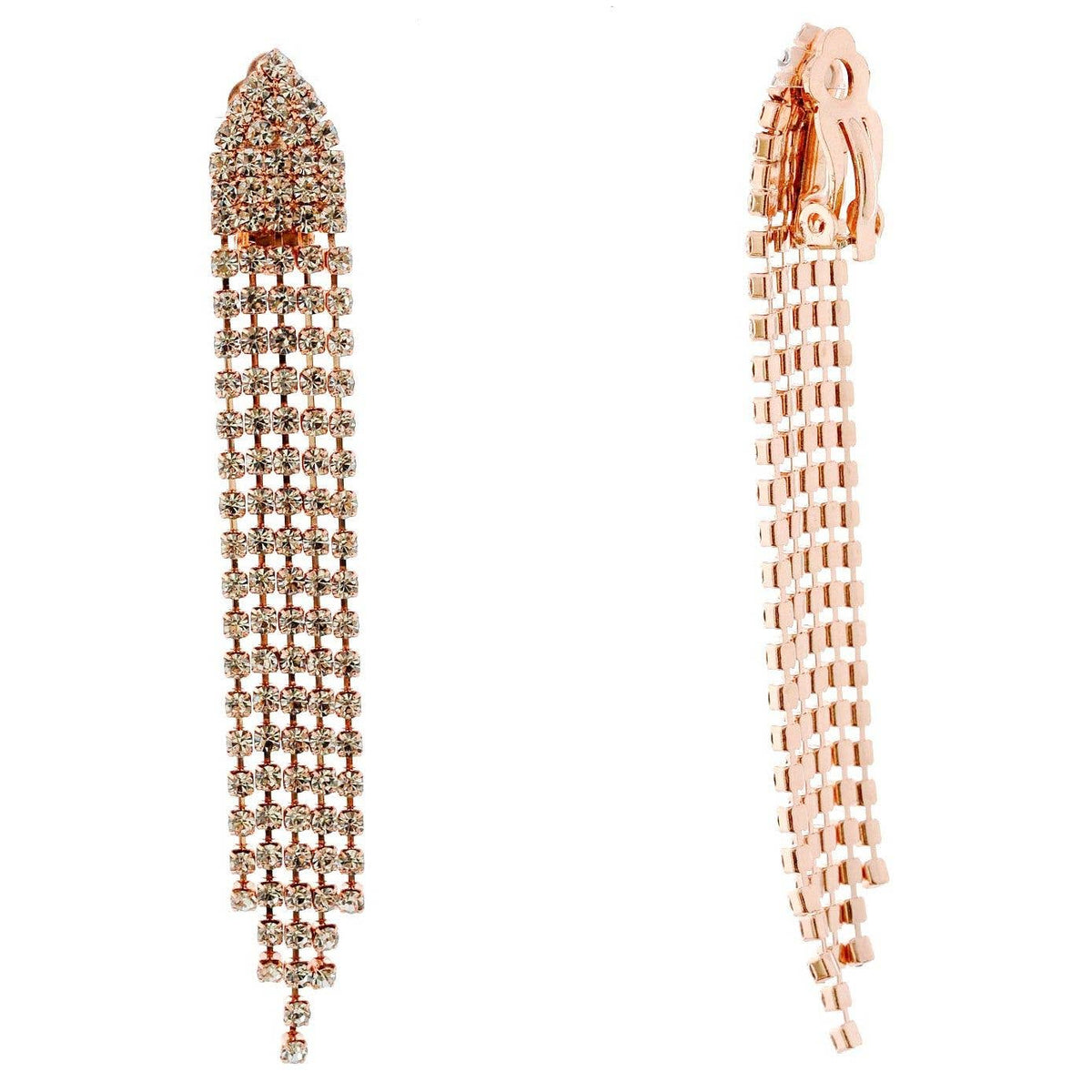 Rose Gold Long Rhinestone Drop Clipon Earrings