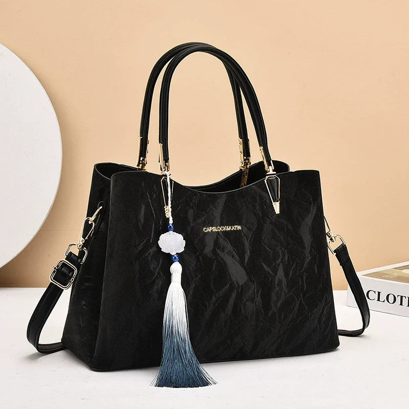 Black Satin Suede Look Print Handbag
