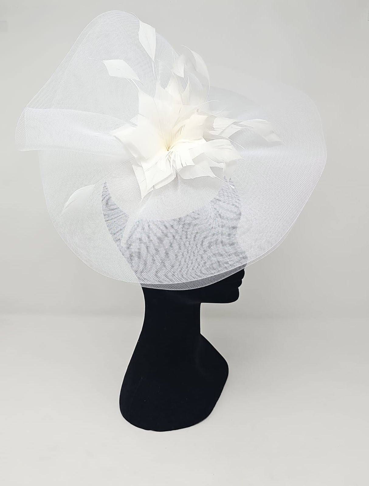 White Feather Fascinator With Net Halo