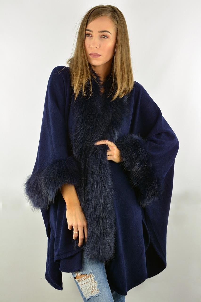 Navy Faux Fur Trim Single Layer Poncho