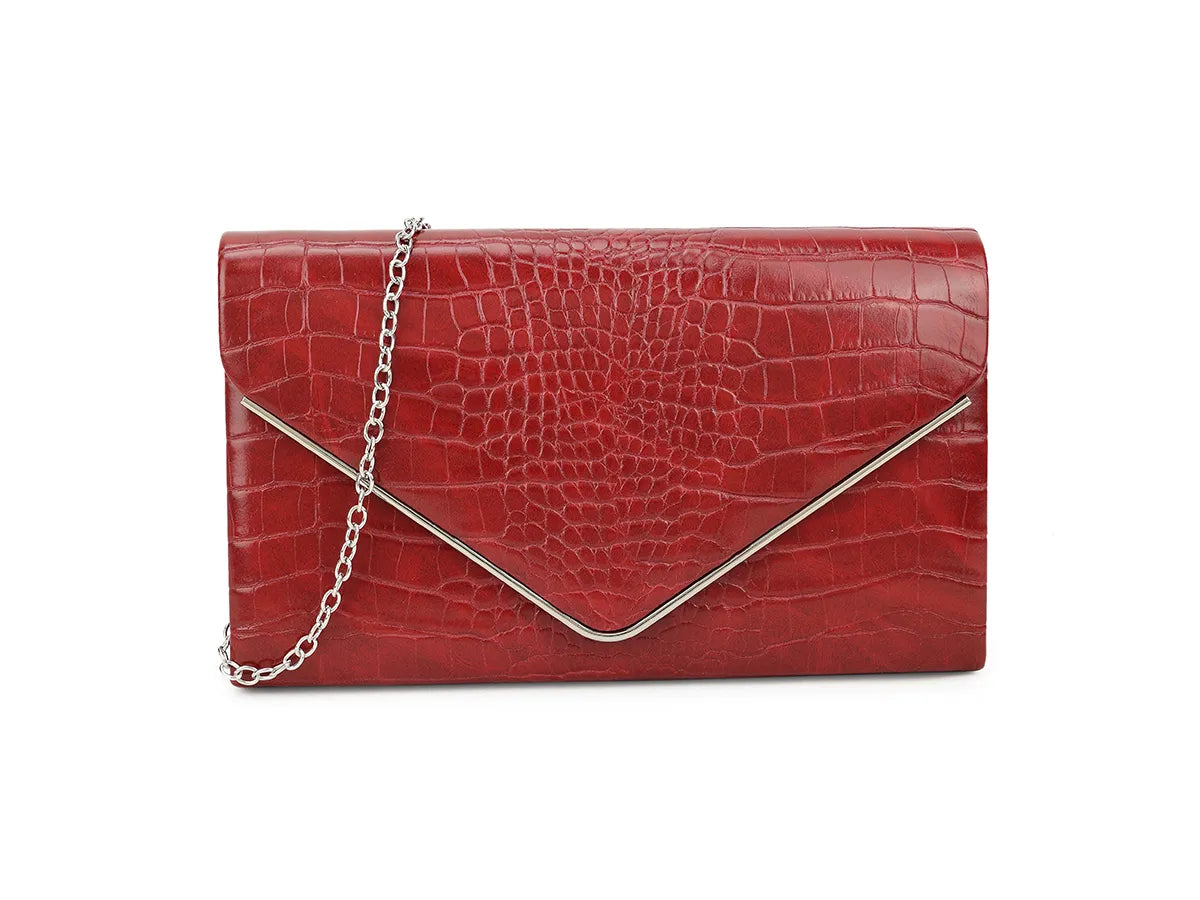 Burgundy Croc Print Clutch Bag