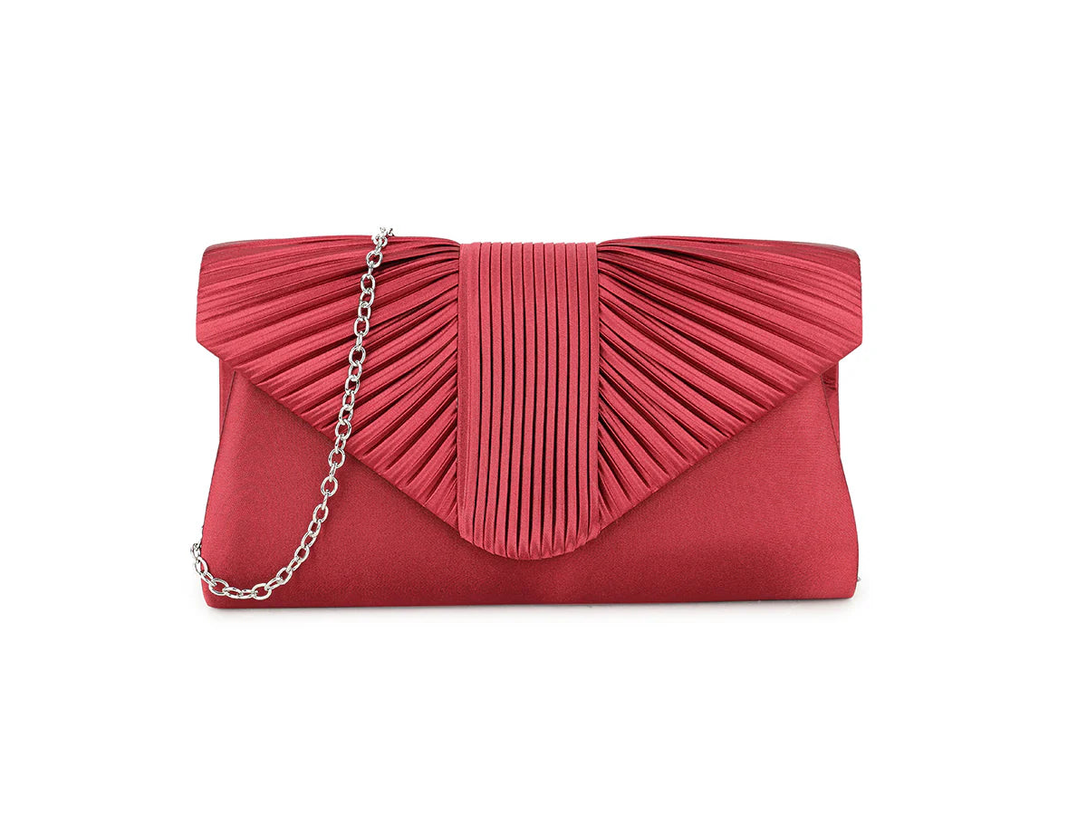 Burgundy Red Satin Ruffled Clutch Bag