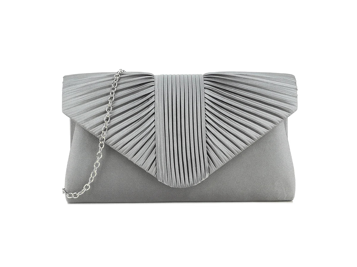 Grey Silver Satin Ruffled Clutch Bag