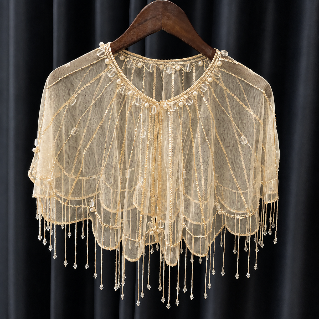 Cream Pearl Beaded Fringe Sheer Cape