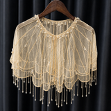 Cream Pearl Beaded Fringe Sheer Cape