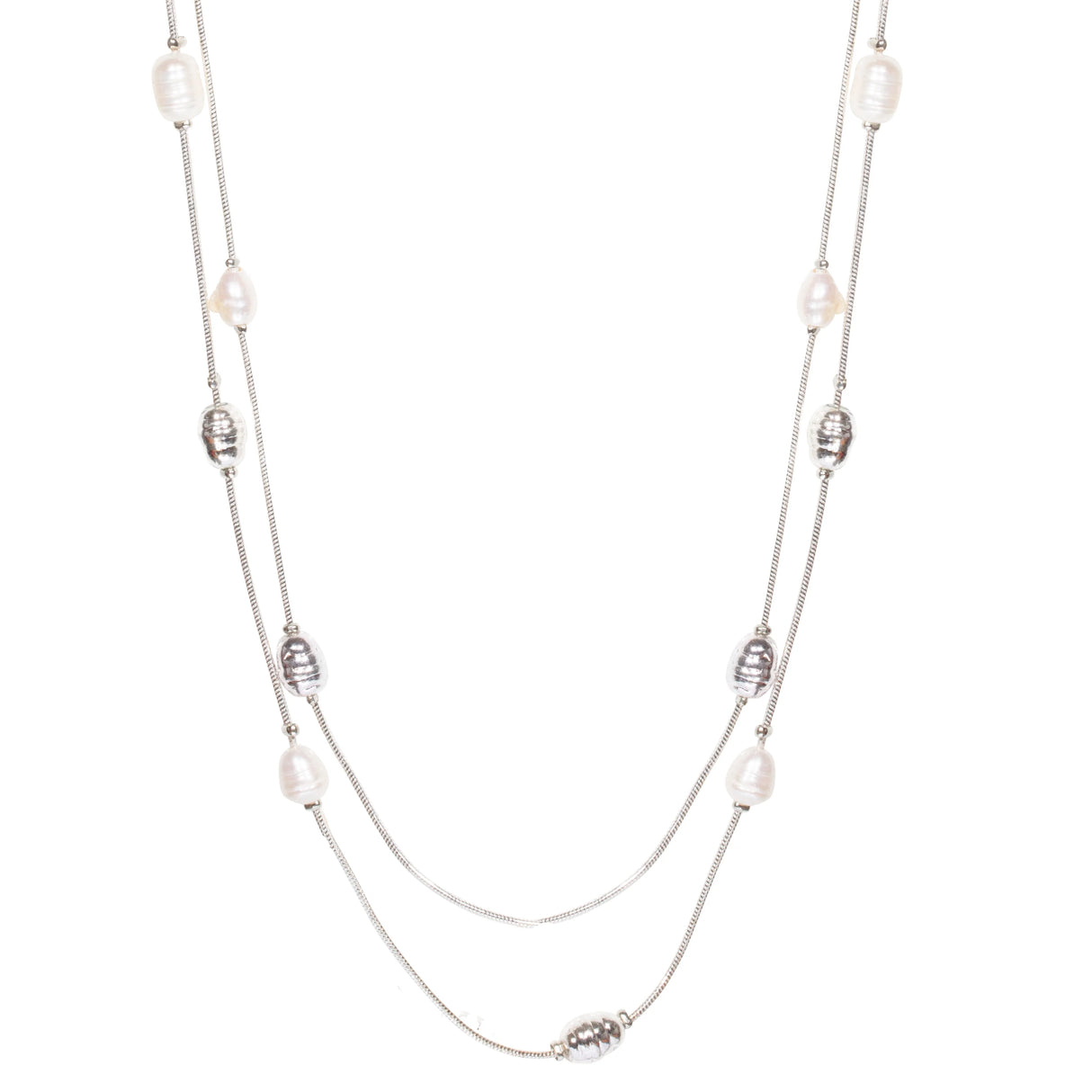 D& X London Audrey Silver & Fresh Water Pearls Multi Row Necklace