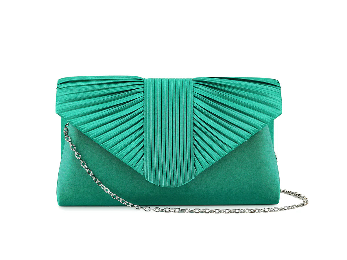 Green Satin Ruffled Clutch Bag