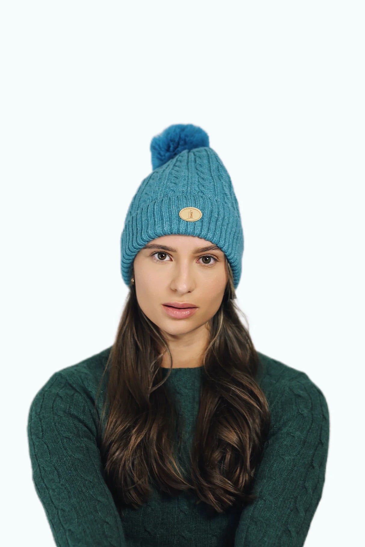 Turquoise Cable Knit Bobble Hat