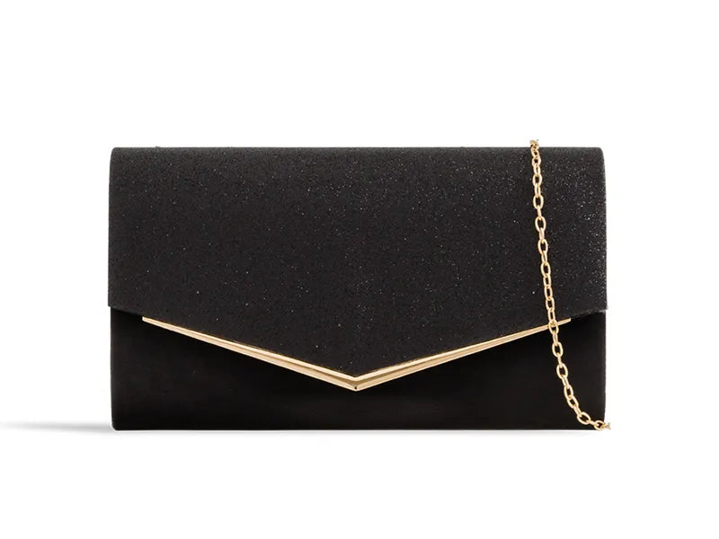 Black Sparkle & Suede Gold Trim Clutch Bag