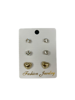 Gold Diamanté Crystal Heart Stud Earrings Set