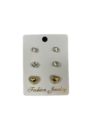 Gold Diamanté Crystal Heart Stud Earrings Set
