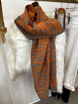 Grey & Orange Zebra Print Wool Blend Scarf