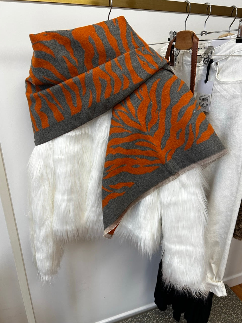 Grey & Orange Zebra Print Wool Blend Scarf