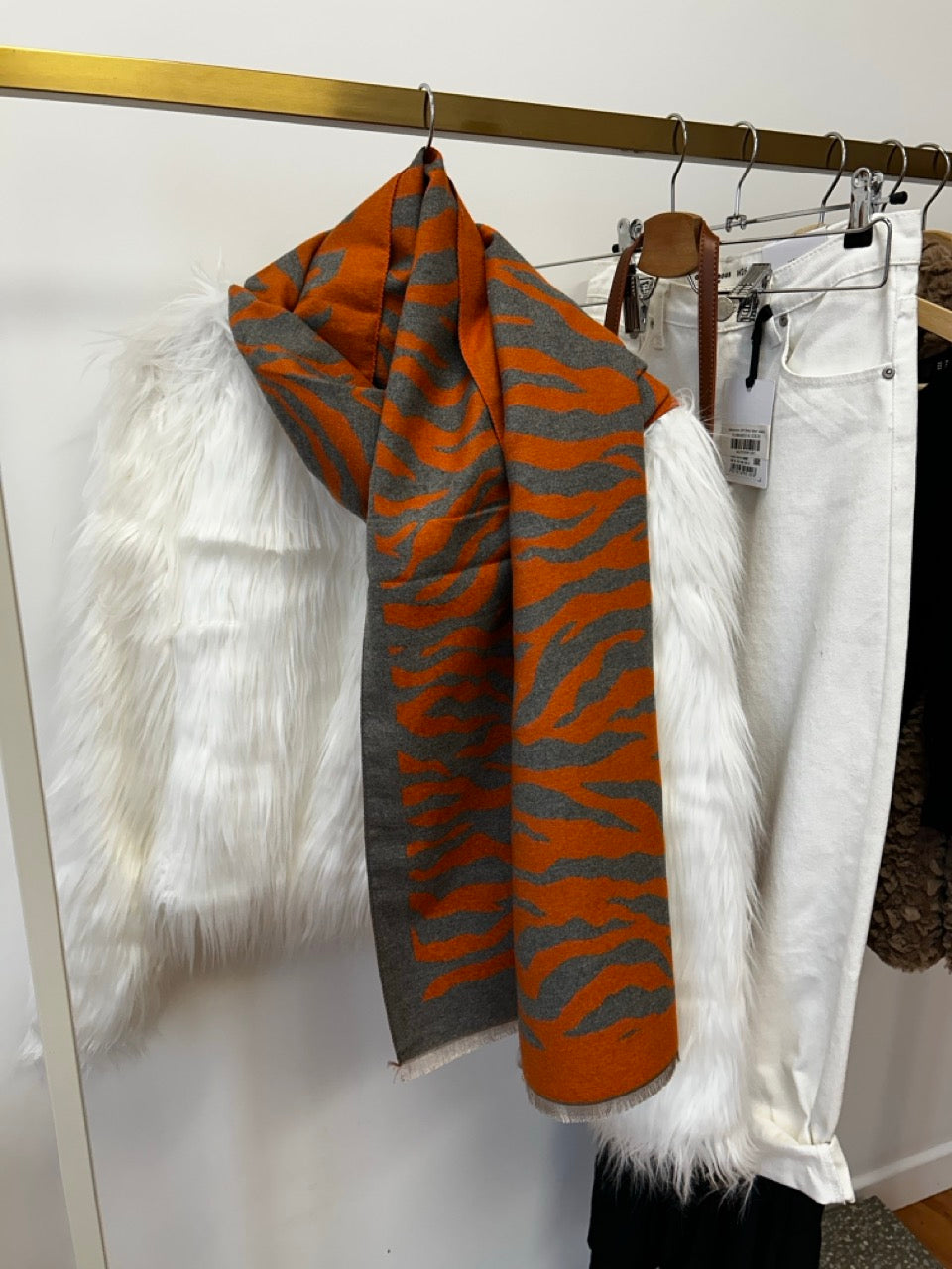 Grey & Orange Zebra Print Wool Blend Scarf