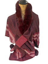 Faux Fur Trimmed Burgundy Printed Poncho