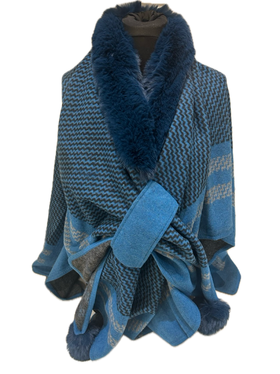 Faux Fur Trimmed Blue Printed Poncho