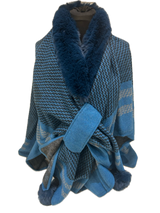 Faux Fur Trimmed Blue Printed Poncho