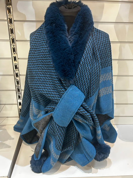 Faux Fur Trimmed Blue Printed Poncho