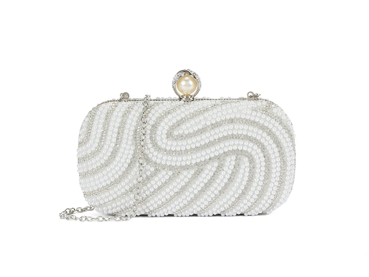 White Pearl Diamante Jewelled Clutch Bag