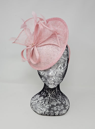 Rose Pink Feather & Bow Round Disc Fascinator