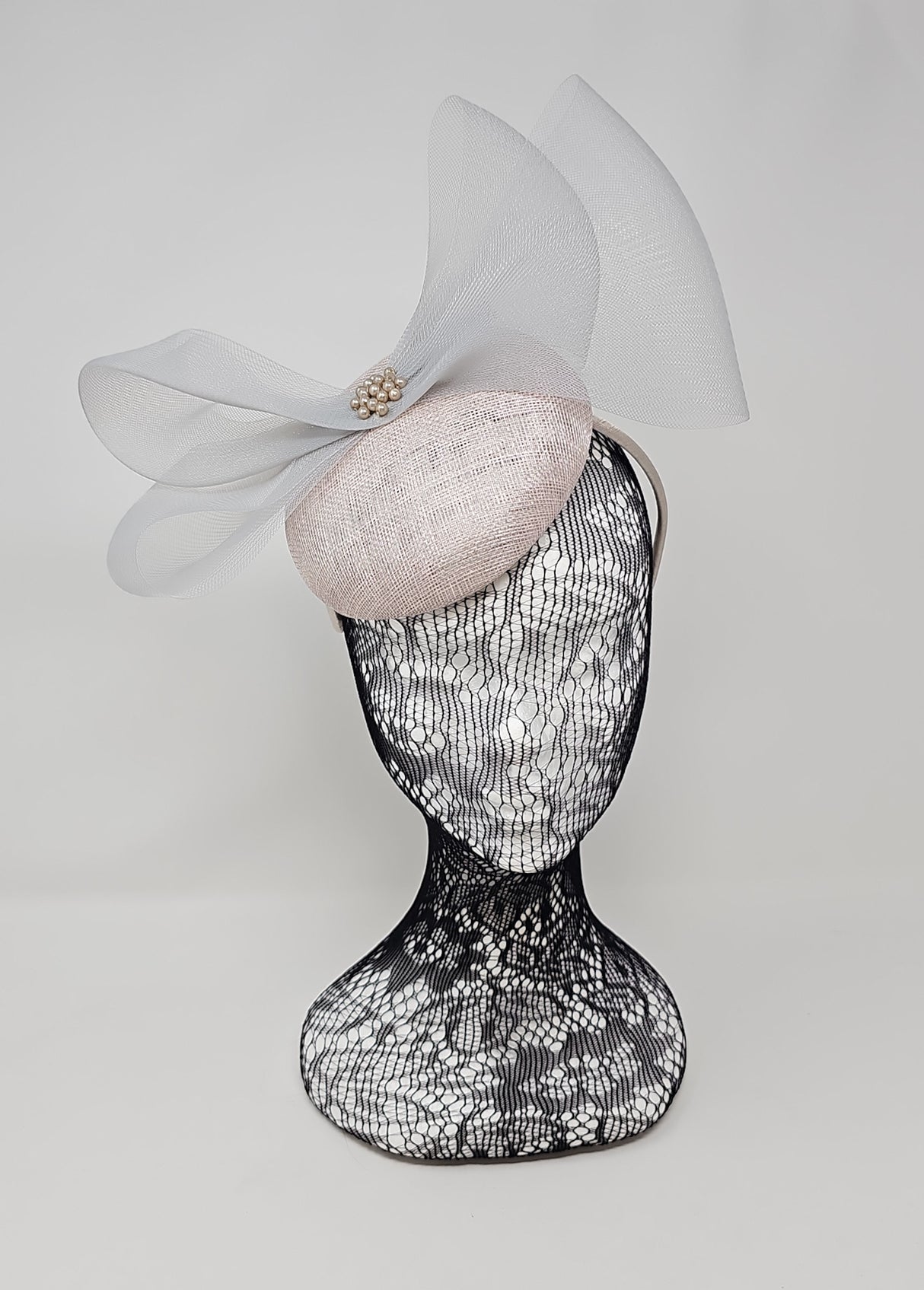 Pearl Silver Organza Bow Pillbox Fascinator