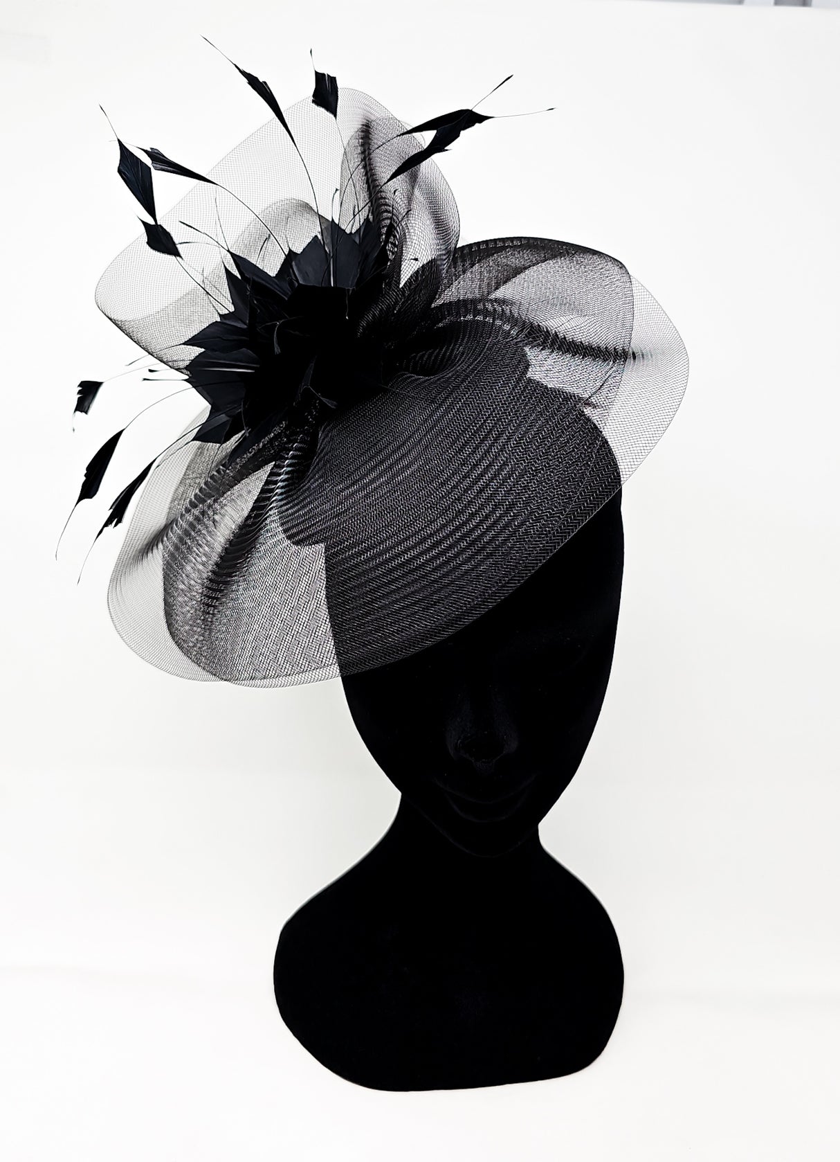 Black Feather Fascinator With Net Halo