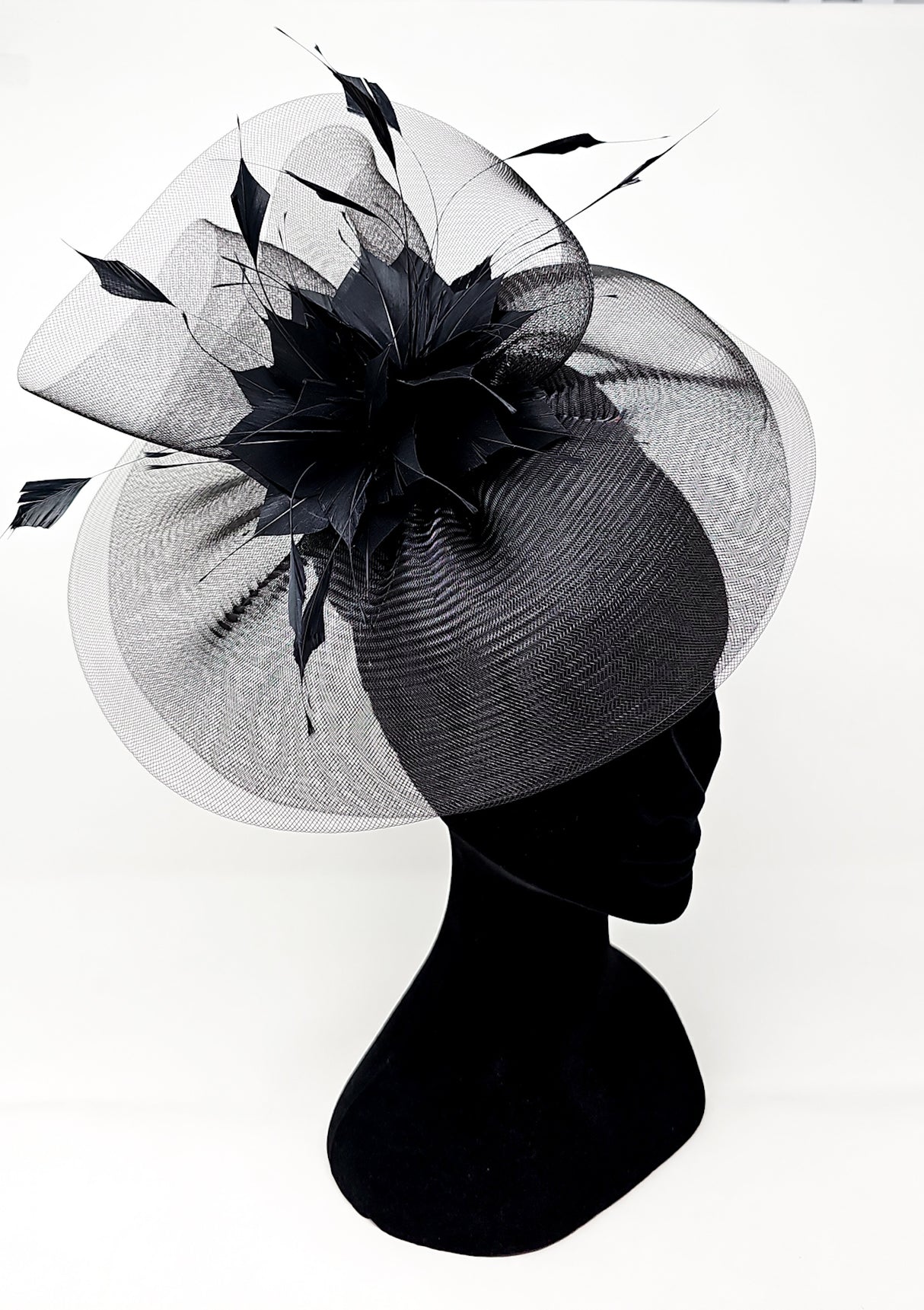 Black Feather Fascinator With Net Halo