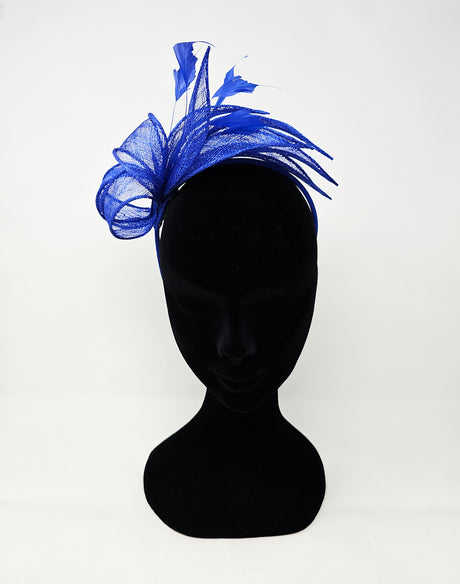 Sapphire Blue Sinamay Loop & Feather Hairband Fascinator