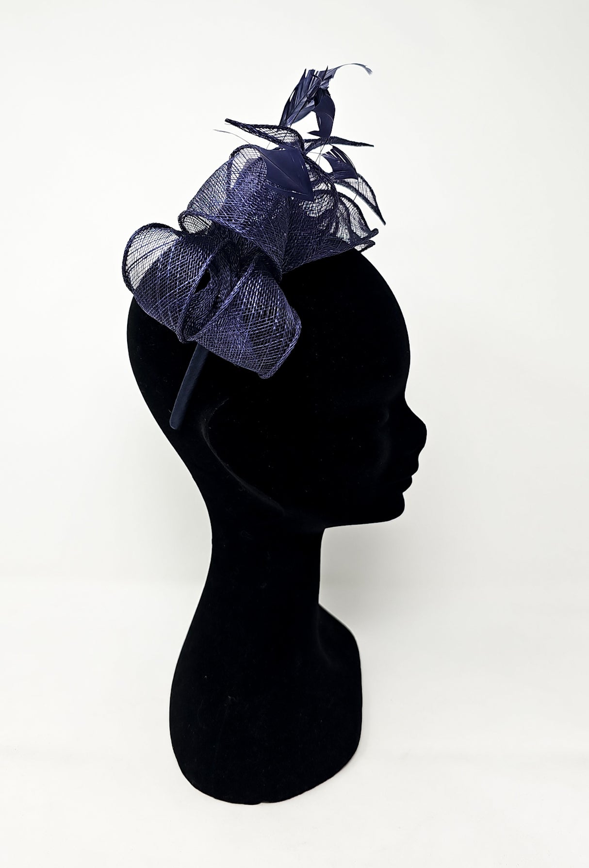 Navy Sinamay Loop & Feather Hairband Fascinator