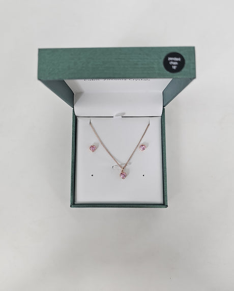 Eternity Cubic Zirconia Gold Pink Heart Necklace & Earrings Set